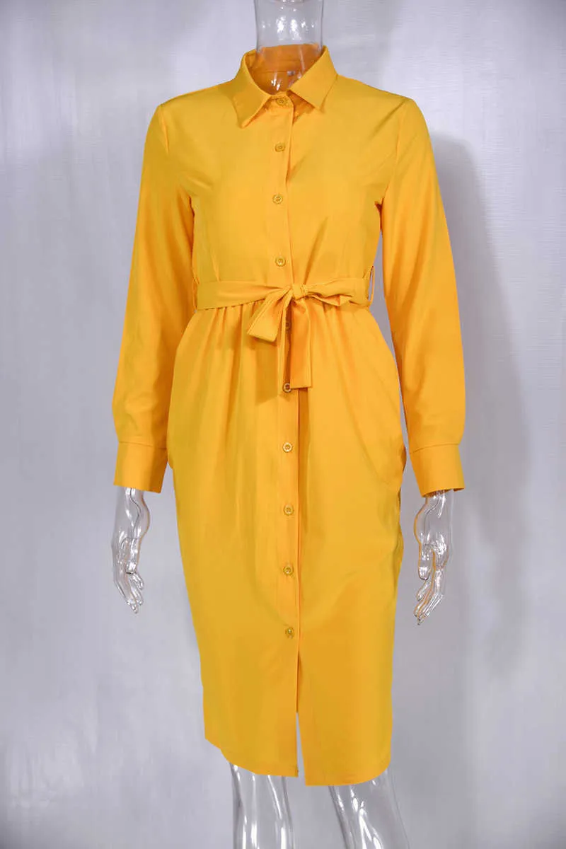 Mode Langarm Knöpfe Hemd Dres Herbst Casual Gelb Grün Vintage Damen Kleider Femme Robe 210623