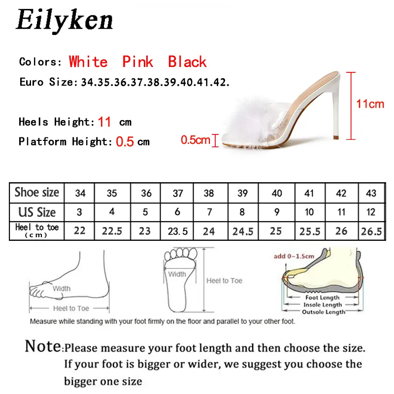 Eilyken 2022 New Summer Fashion Furry Slippers Ladies Sandals Sexy PVC Transparent Stiletto High Heels Women Mules Slides Shoes 0227