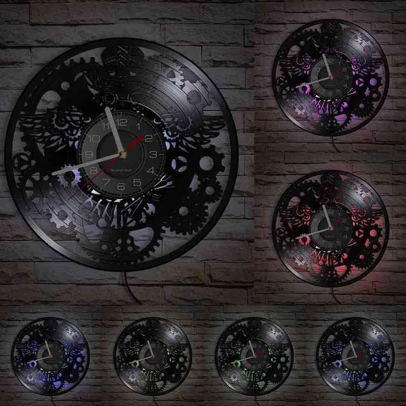 Steampunk البومة الفينيل سجل ساعة الصناعية الفيكتوري البومة ساعة الحائط التروس الرجعية جدار ديكور القوطي الجد الفينيل الألبوم هدية H1230