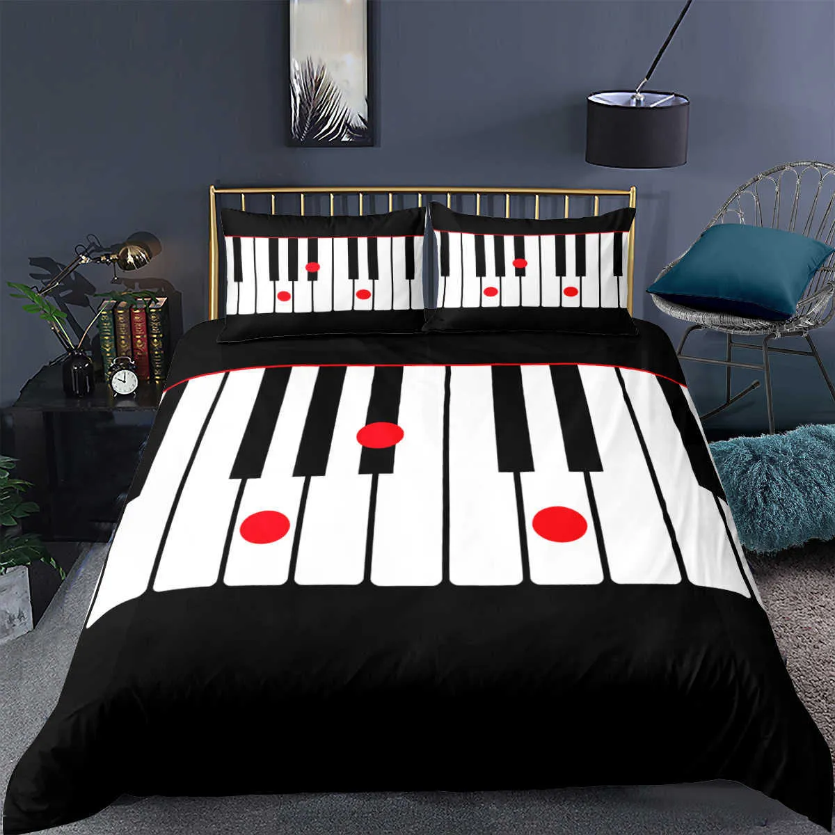 Juego de cama con estampado de notas musicales de Piano, juego de cama de lujo en 3D, edredones, funda de edredón para adultos y niños, funda de almohada, tamaño Twin Queen King H0913
