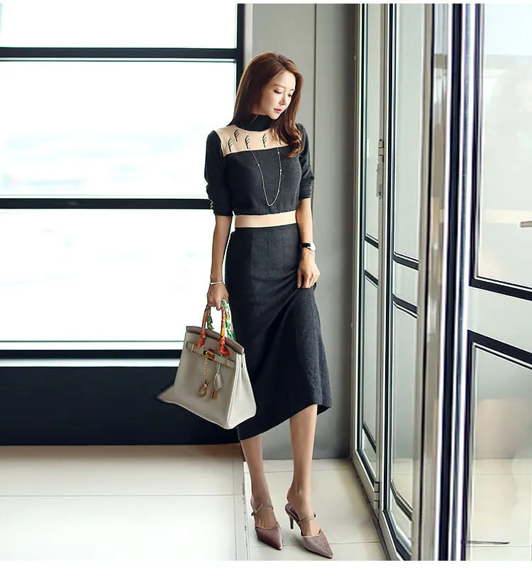 Färgblockerad Koreansk Elegant Stickad Lång Klänning Kvinnor Vår Fullständigt Ärm Stativ Krage Slim Waist Pencil Dresses Vestido 210513