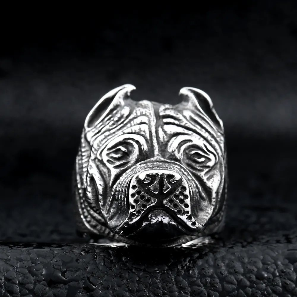 Anneau en acier inoxydable vintage vintage Viking Pitbull Bulldog Gothic Pug Dog Head Totem Amulet Punk Animal Bijoux For Men Boys218h