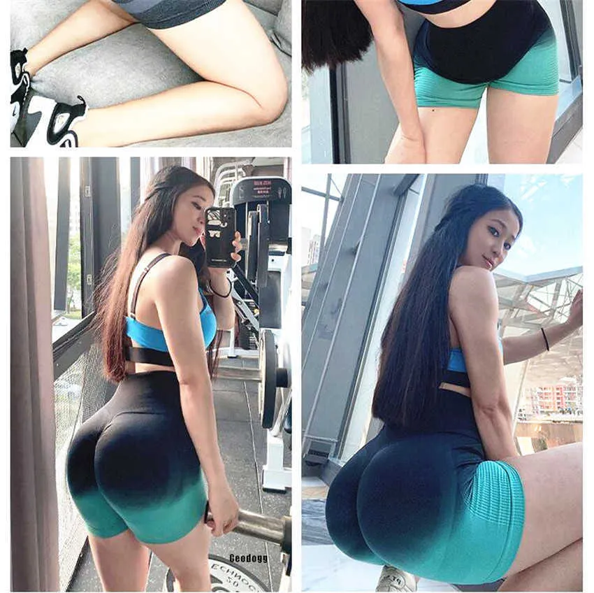 Bezszwowe kobiety Joga Zestaw Kobiet Gradient Sporty Bra Squat Dowód Srunch Booty Spodenki Fitness Running Outfit Gym Aktywny garnitur 210802