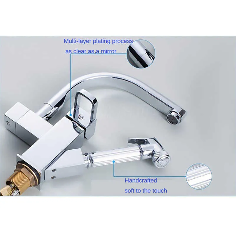 Onyzpily Kitchen Faucet Chrome Led Pull Out Kitchen Tap &Cold Mixer Tap 2 Waterway 360 Swivel Deck Mounted torneira de cozinh 210724