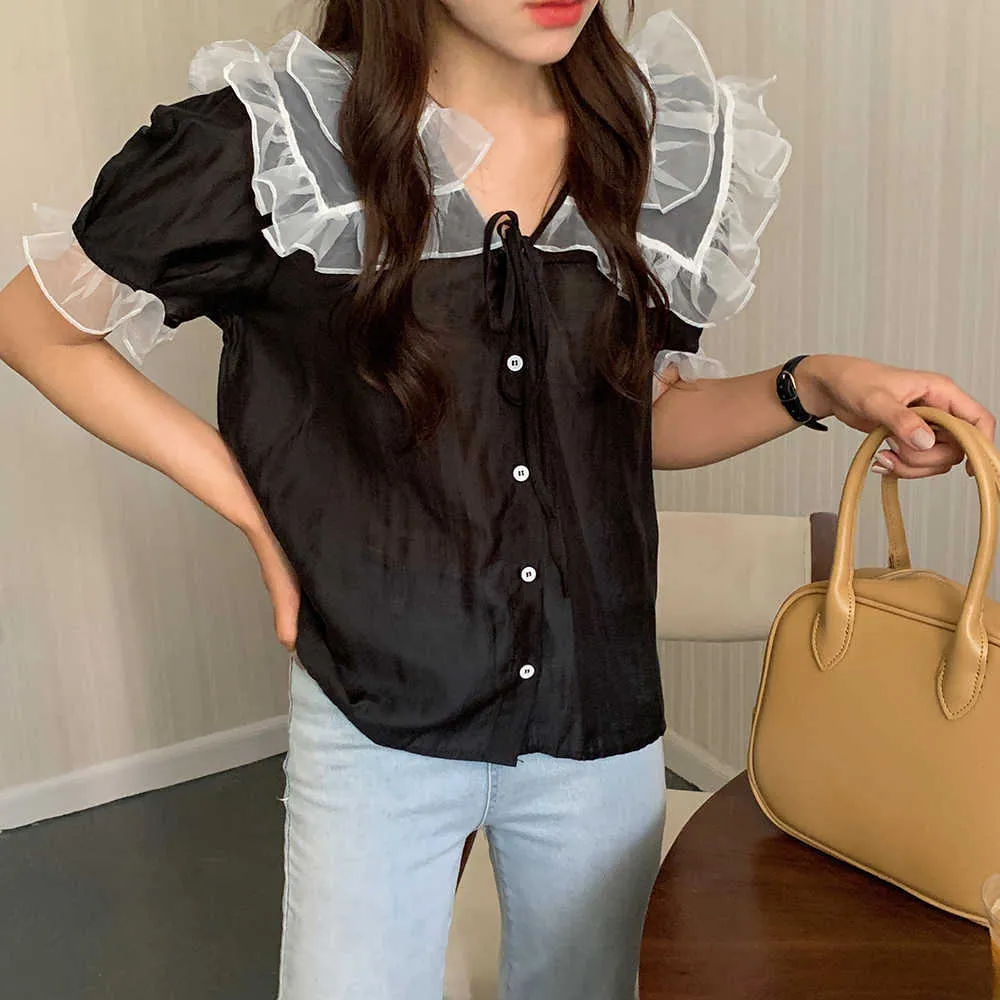 Korejpaa Women Shirt Summer Korean Temperament Gentle Lapel Wood Ear Stitching Lace-Up Micro-Permeable Puff Sleeve Blouses 210526