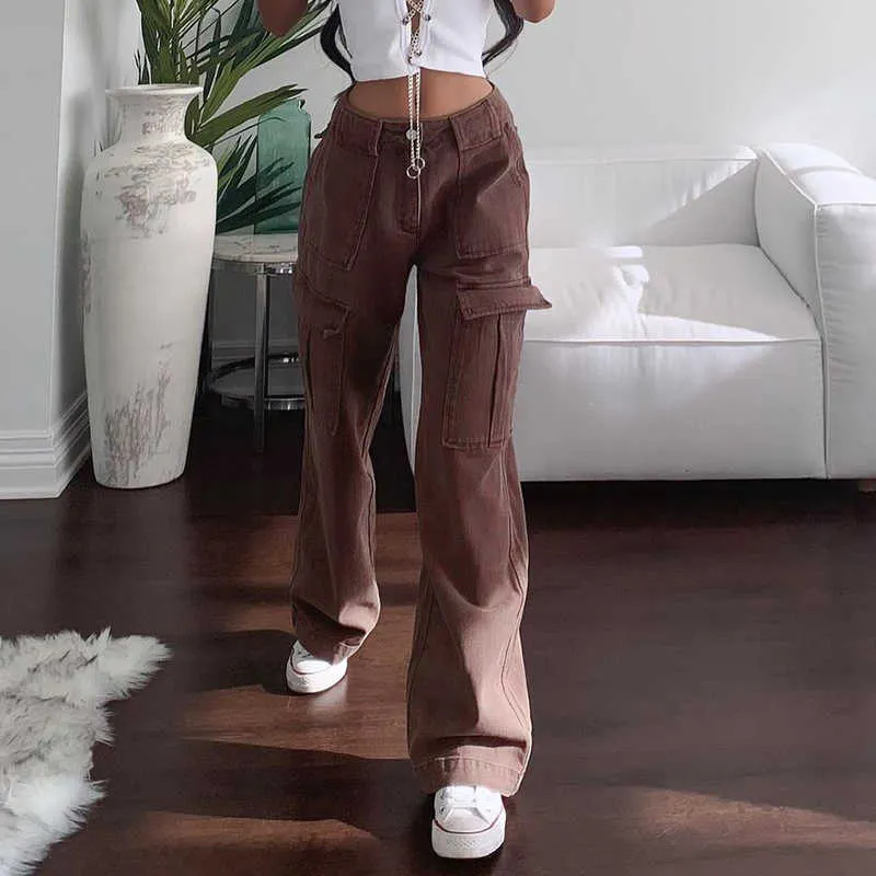 Rockmore Brown Vintage Baggy Jeans Donna Tasca a vita alta Pantaloni cargo anni '90 Streetwear Pantaloni dritti Harajuku Estate 210922