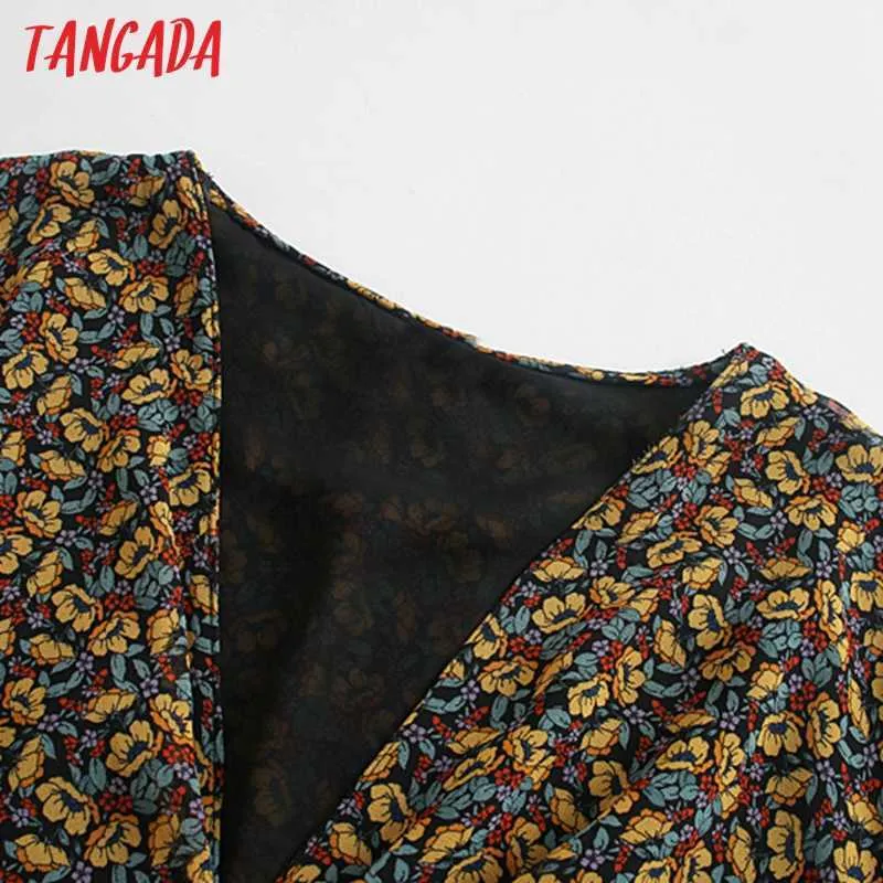 Tangada mode frauen gelb floral print chiffon kleid ankunft Langarm Damen tunika Kleid 5Z04 210609