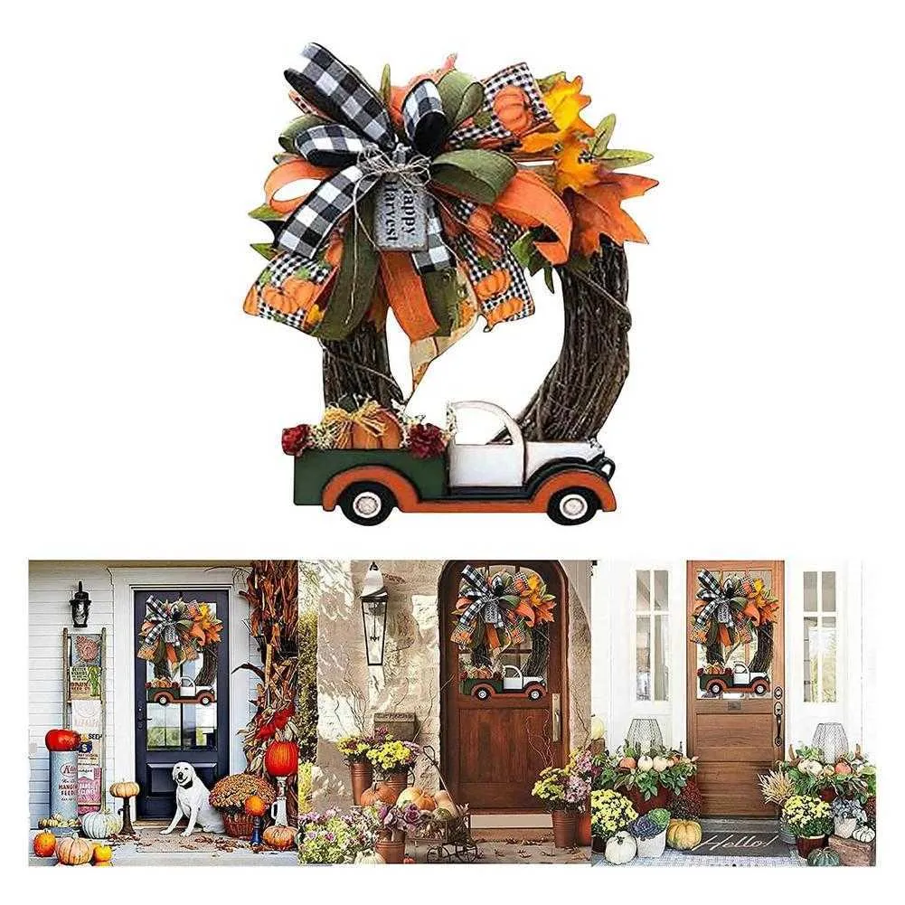 Neue Halloween Bauernhaus Kranz Dekorationen Vintage Küche Thanksgiving Kürbis LKW Kranz Fenster Tür Wand Dekor Hängen 2021 Y240j
