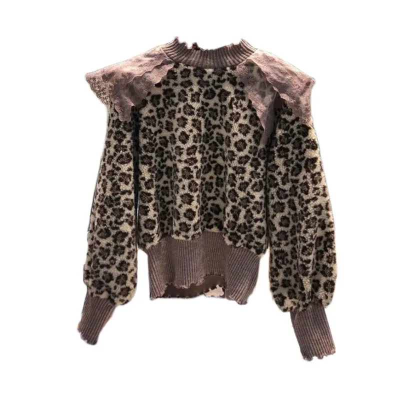 NOMIKUMA Hit Color Leopard Sweat-shirt Causal Coréen Lace Ruffle Patchwork Top Ped Pumper New Long Manche Owck Women Hoodies 6d765 210427