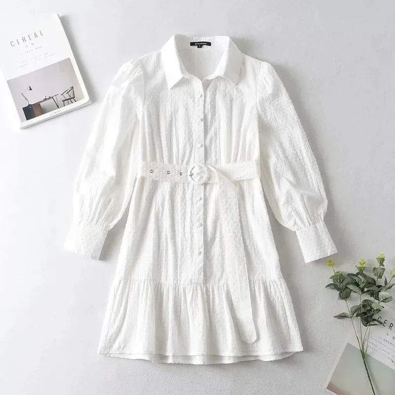 Polka Dot Dobby Blanc Robe à manches longues Chemise Femme Bouton Sash Transparent Robe courte Casual Printemps Automne Vintage Robe 210415