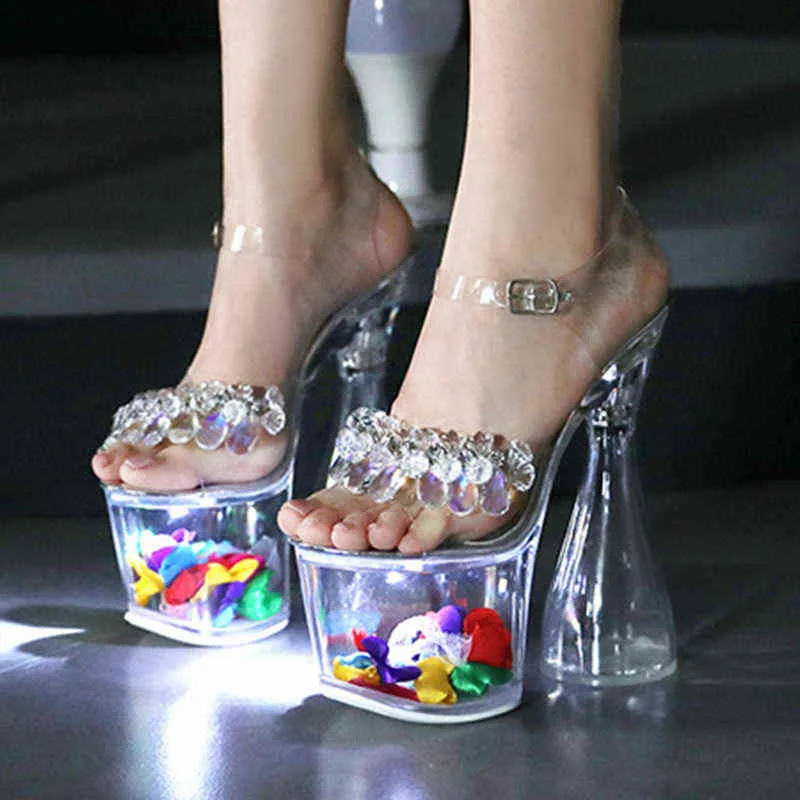 Sandalias Sandalias de tacón alto Zapatos brillantes Mujer Diseño Talón Modelo Discoteca Pole Danicng Sandalias de moda Nuevo Cristal 220309
