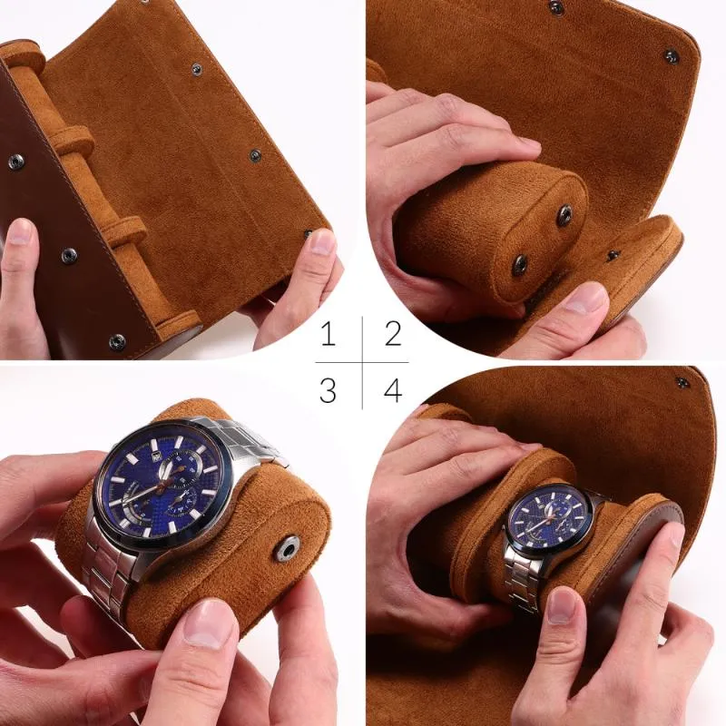 Watch Boxes & Cases Hemobllo 3 Slots Leather Travel Case Roll Organizer Portable Box Brown302j294R