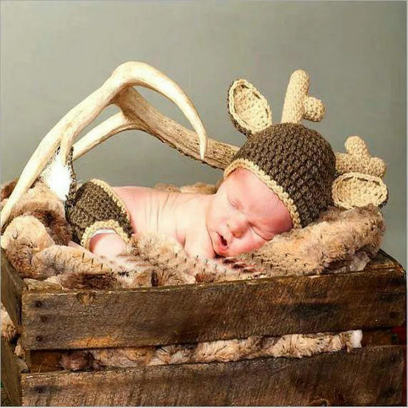 Nyfödd Fotografi Rekvisita babymössa Jul Hjortdesign Handgjord Virkad Hjortkostym Set Stickade mössor och byxor set