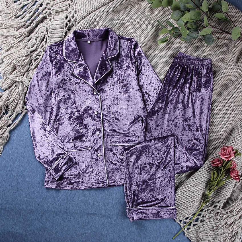 HiLoc Violet Velours Pyjama Ensembles À Manches Longues Maison Costume Hiver Vêtements De Nuit Chaud Salon Porter Double Poches Femme Ensemble Casual 210809