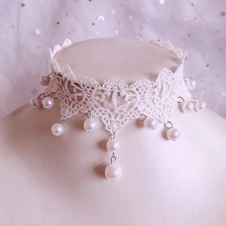 Collana girocollo Lolita Princess fatta a mano con perle vintage, dolce e carino, donna. Collana con ciondolo lavorato a maglia