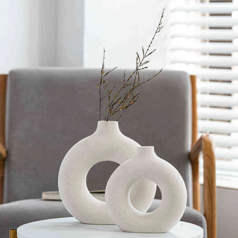 Nordic Keramik Vase Weiße Donuts Kreisförmige Hohl Blumentopf Büro Schreibtisch Wohnzimmer Innen Dekor Hause Dekoration Zubehör 211214