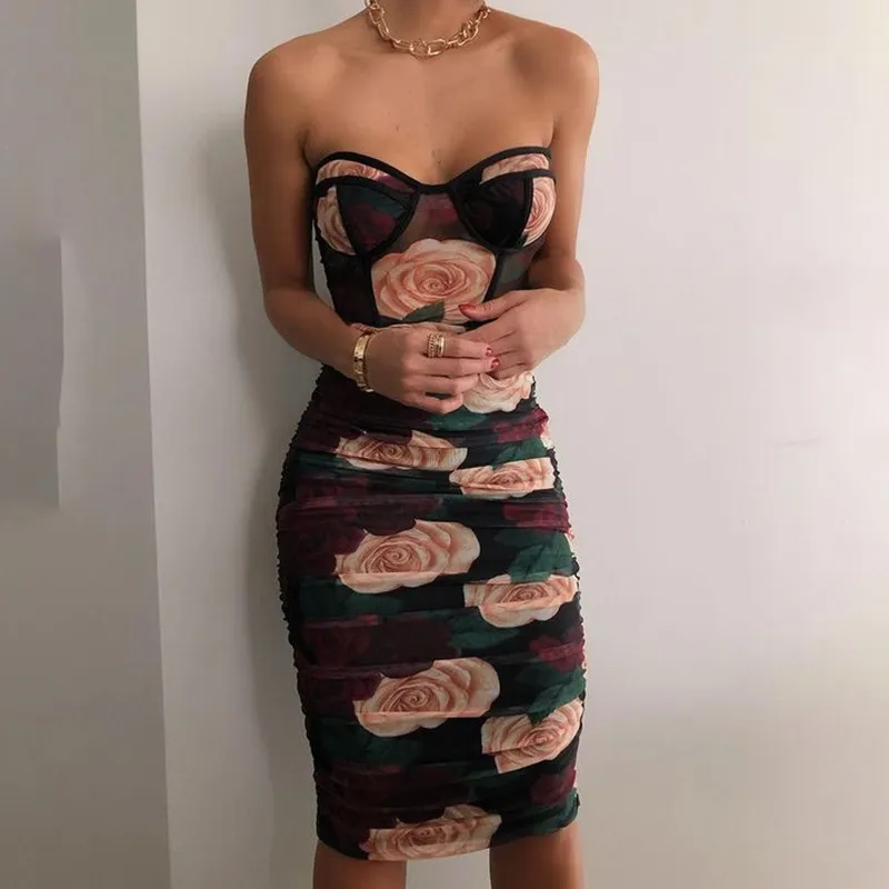 Rose Flower Printed Woman Dresses Arrival Long Sleeve Bodycon Sexy Club And Party Dress Elegant Mini Robe Streetwear 210525