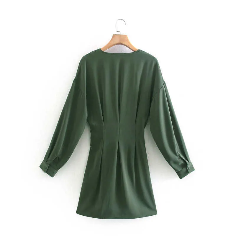 Za Vintage Green Mini abito stringato Donna Manica lunga regolabile con coulisse anteriore Abiti da festa Donna Abito plissettato primaverile 210602