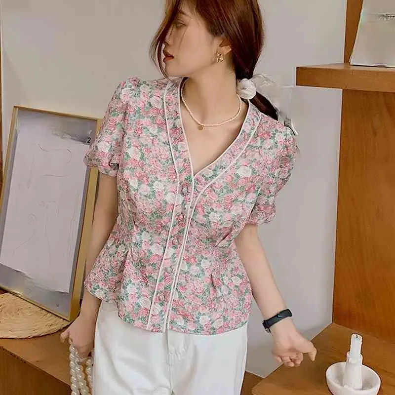 Vintage Print Slim Waisted Blouse Woman Shirts Temperament V-neck Camisas De Mujer Summer Short Sleeve Womens Tops 210514