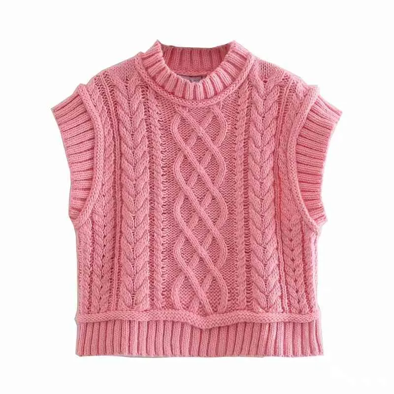 Cabo rosa-tricotada camisola colete mulheres vintage alto pescoço sem mangas cortiça mulher moda bonito s tops 210519