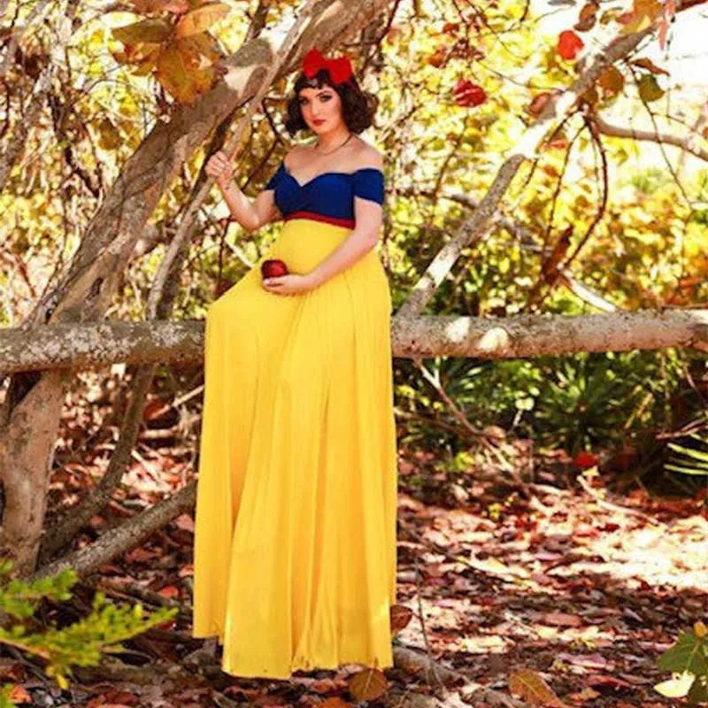 王女のコスプレマタニティフォトグラフィーロングドレス青と黄色のシフォン妊娠フォトシューティングマキシドレスx0902