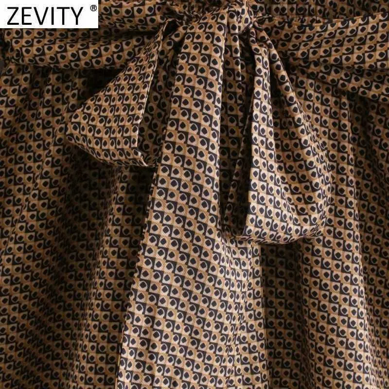 Zevity Women Vintage Turn Down Collar Geometric Print Bow Sashes Shirt Dress Femme Long Sleeve Breasted Vestido Cloth DS4671 210603