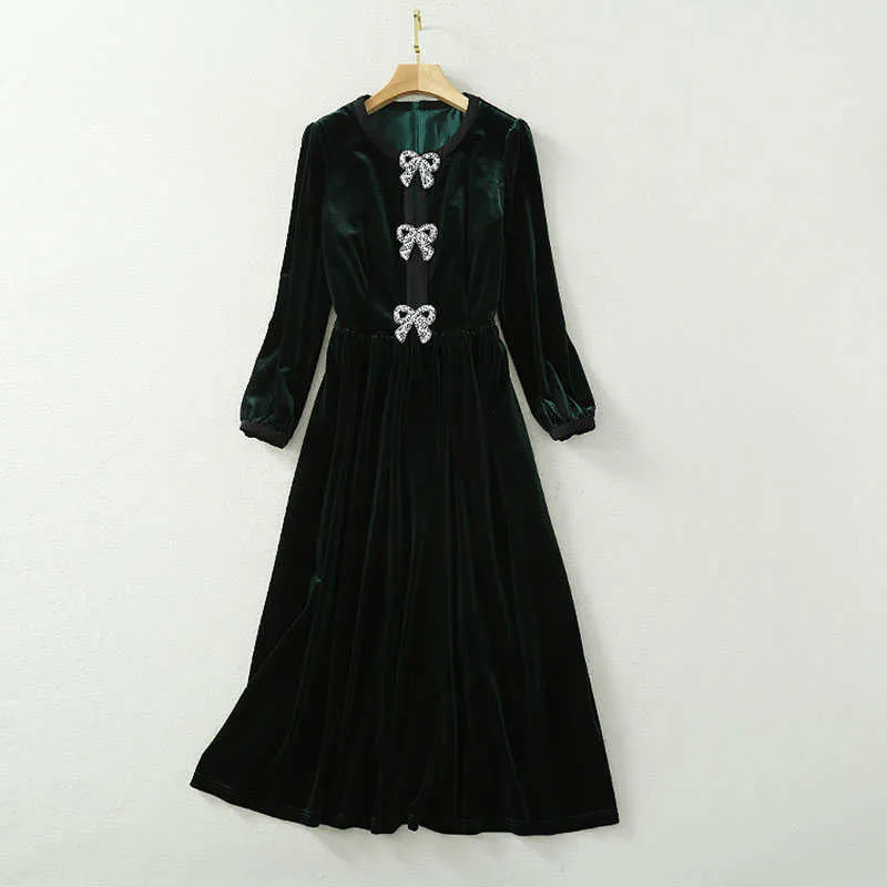 Högkvalitativ Est Designer Runway Dresses Women's Elegant Long Sleeve Fashion Beading Bow Velvet Dress 210526215w