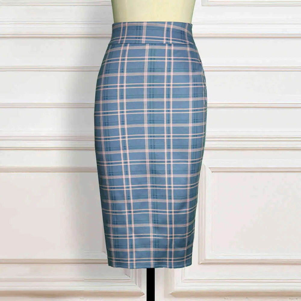 Women High Waist Plaid Pencil Skirts Bodycon Retro Classy Elegant Office Ladies Summer Modest Slim African Fashion Jupes Falads 210416