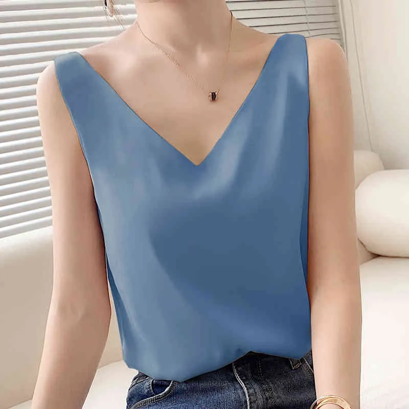 Sommer Casual Damen Tank Elegante Feste Weste Bodenbildung Mehrfarbig Weiblich V-Ausschnitt Büro Chiffon Tops T-Shirt 210428