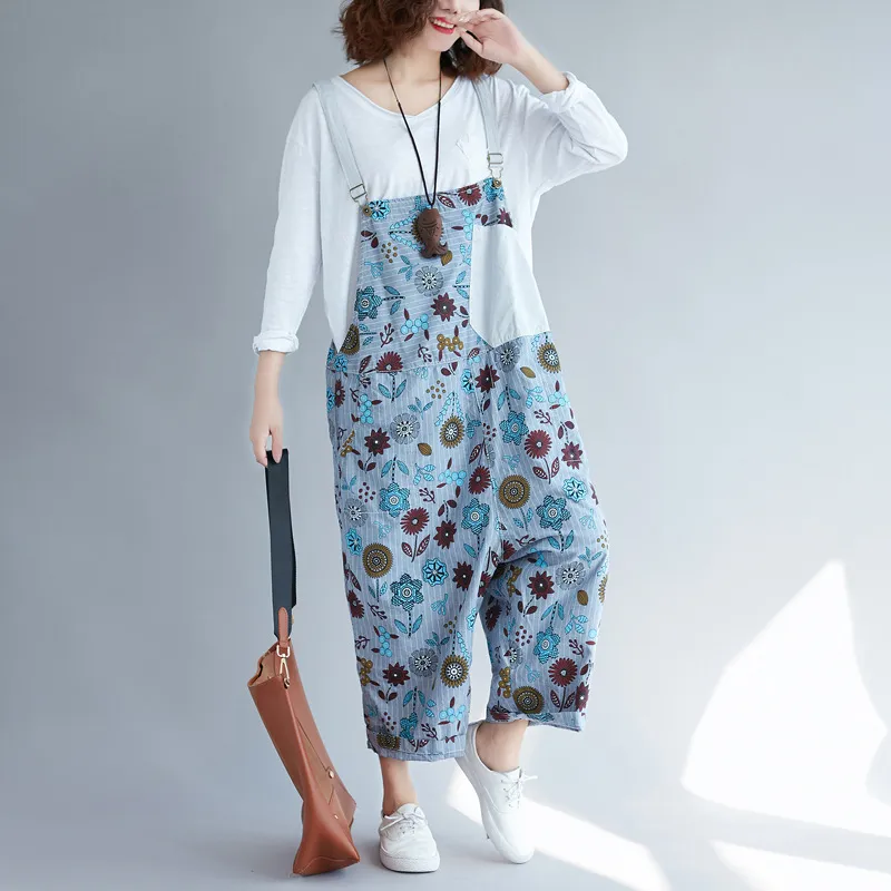 Johnature Ankle-length Pants Casual Jumpsuits Loose Print Overalls Pockets Rompers Flower Fashion Patchwork Women Jumpsuit 210521