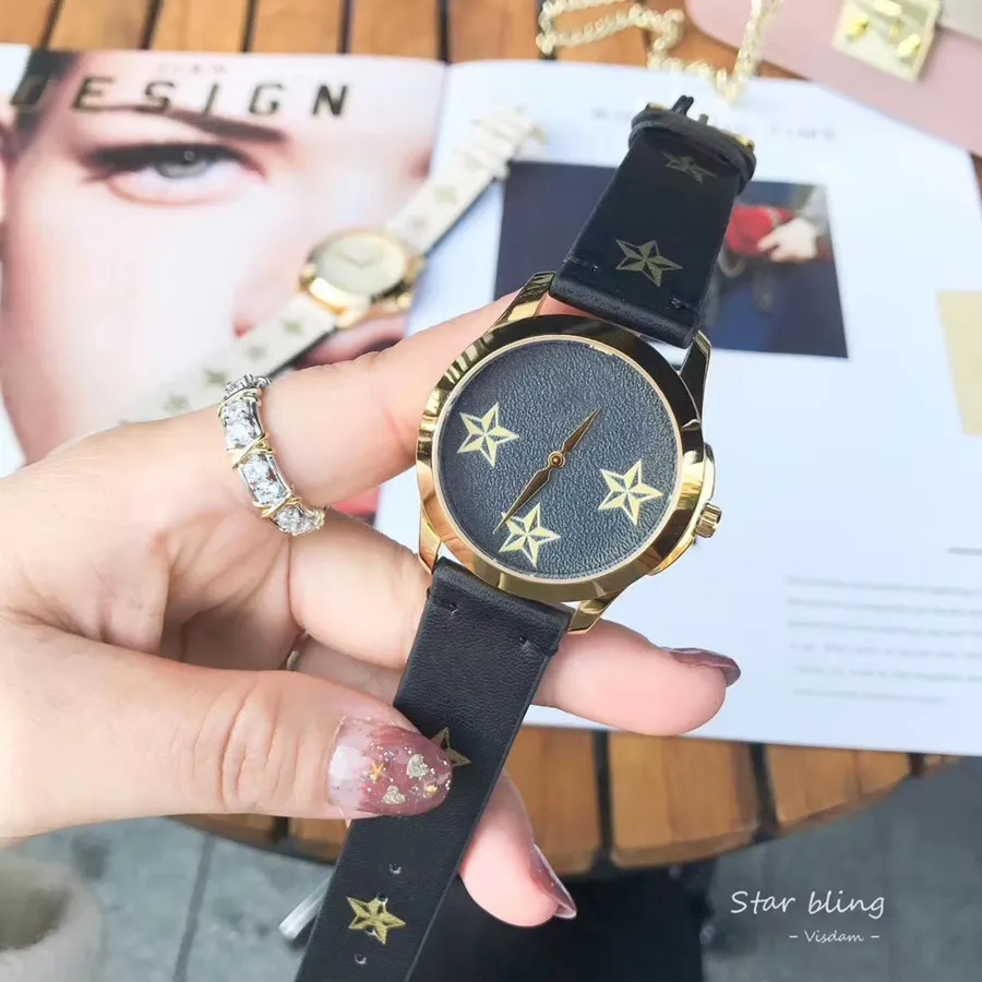 Montres de marque de mode pour femmes dame fille étoile à cinq branches style abeille bracelet en cuir montre-bracelet à Quartz G78233y