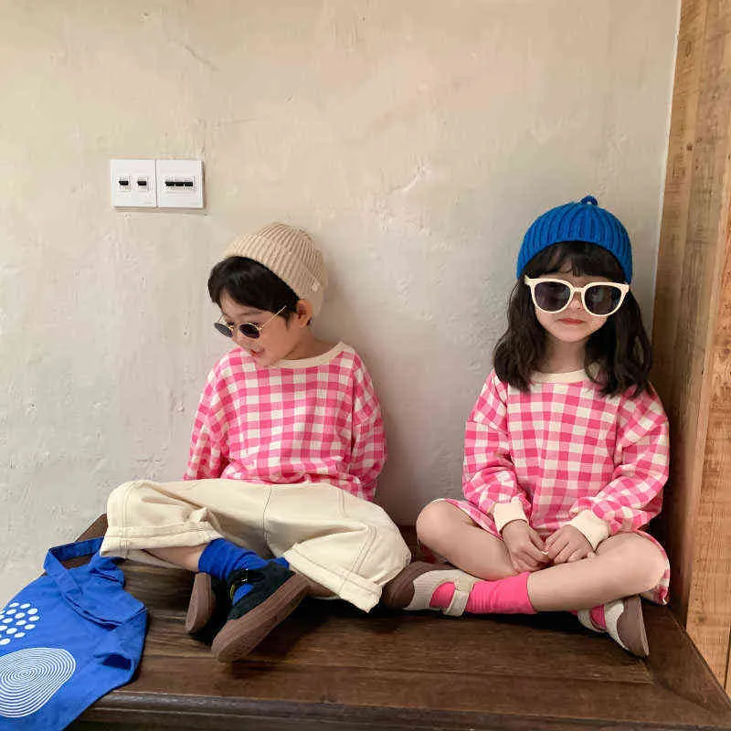 Milmantel jesienne ubrania dla dzieci kratę z kapturem dla burotów i siostry luźne chłopcy bluzy koreańskie dziewczyny ubierają dziecięce 211029