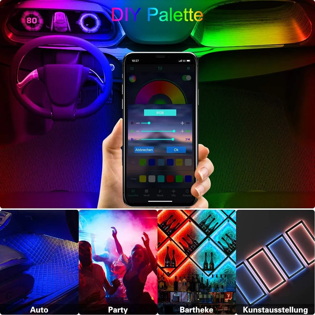 Auto-LED-Lichtleiste, App-Steuerung, RGB-Neonlichtleiste mit Zigarettenanzünder, Musiksensor, DIY-Autodekoration, Atmosphärenlicht, 12 V