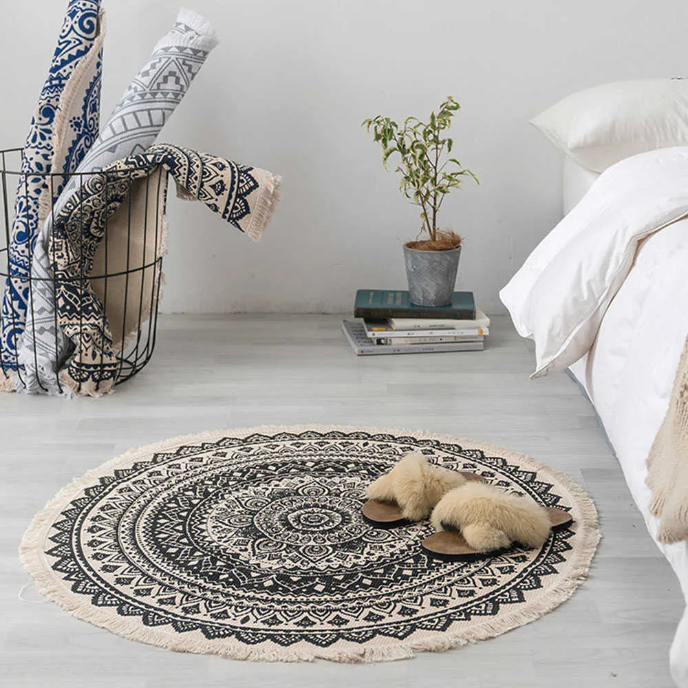 Retro Boho Round Carpet Bedroom Style Tassel Cotton Rug Hand Woven National Classic Tapestry Sofa Kudde Tatami Golvmattor 210626