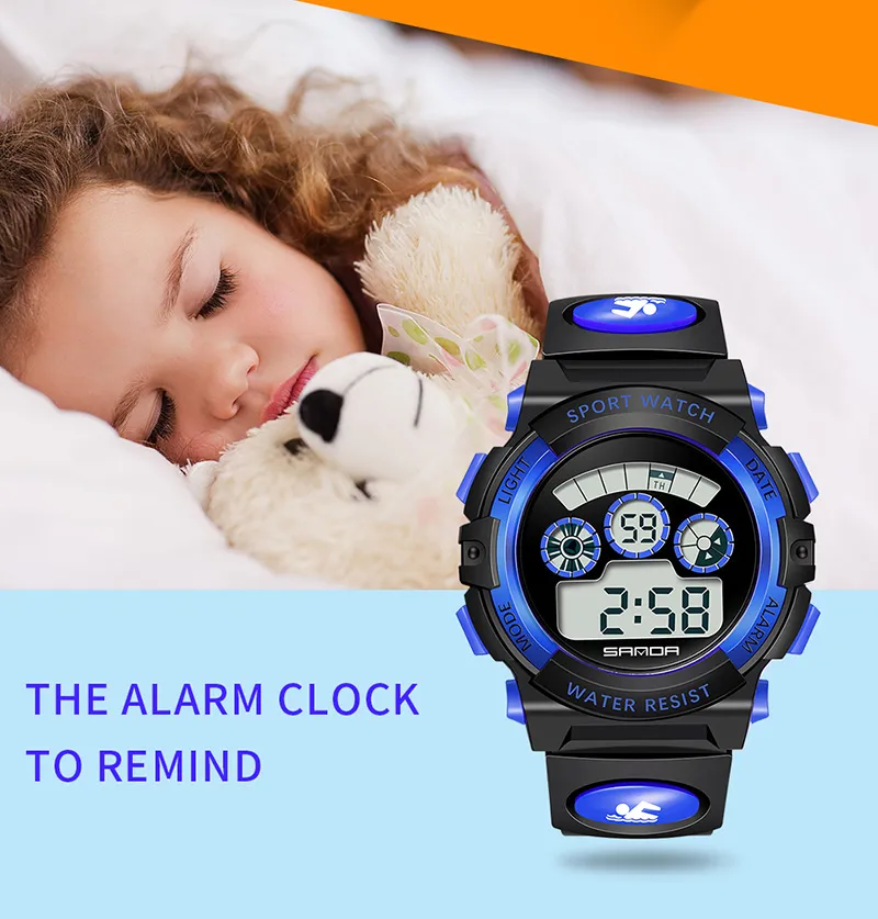 Sanda Kids zegarki na świeżym sporcie Luminous Stopwatch Tydzień Alarm Dzieci Watch Waterproof Girls Boys Clock289v