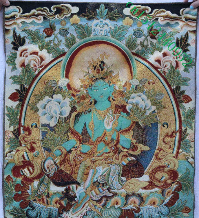Tibet Buddhism Silk embroidery Seat Green Tara Thangka Painting Mural. 211108