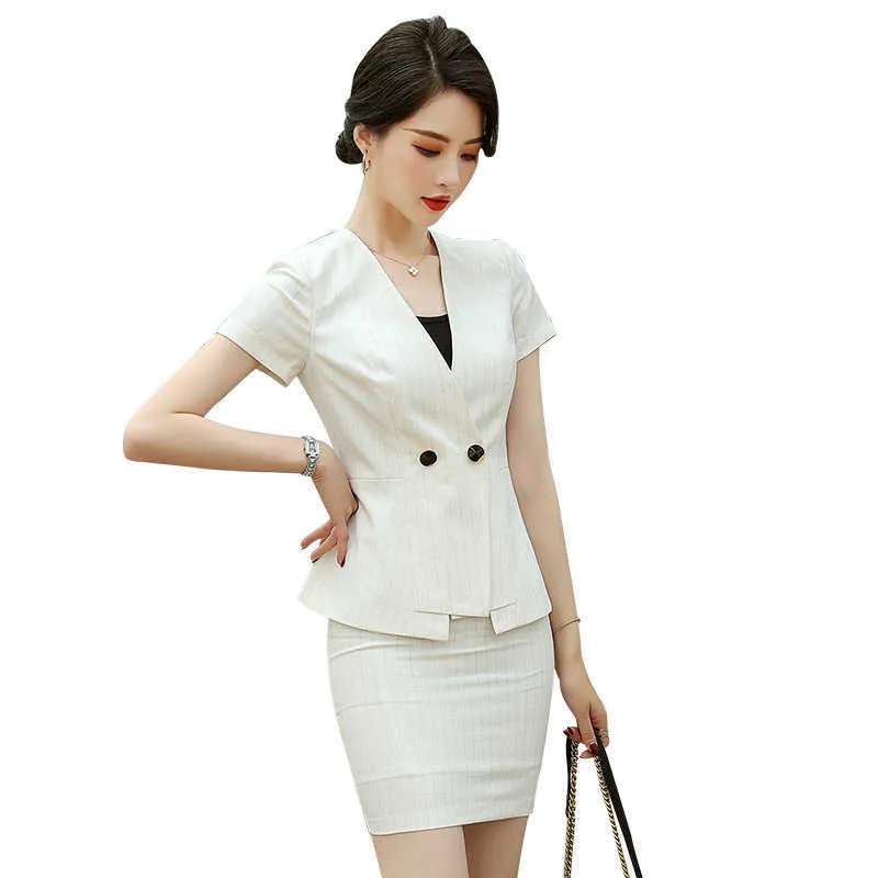 Vår och sommar Elegant kjol kostym tvådelat arbetskläder Casual Striped Kortärmad Kvinnors Blazer Business Attire 210527