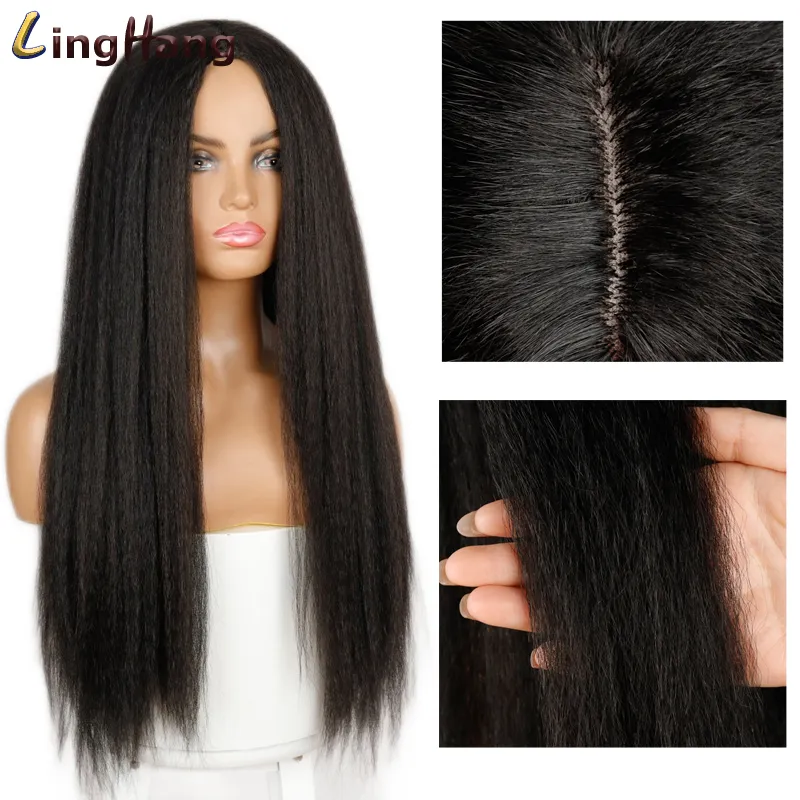 Syntetiska yaki rak peruk 30 tum lång hår sido del peruker inga lugg för afroamerikanska kvinnliga kvinnor direkt