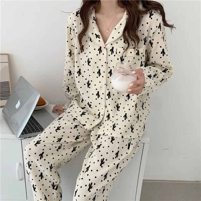 Mjuk All Match Högkvalitativa Dots Nightwear Loose Summer Sweet Homewear Chic Casual Bomull Fashion Pyjamas Sets 210525