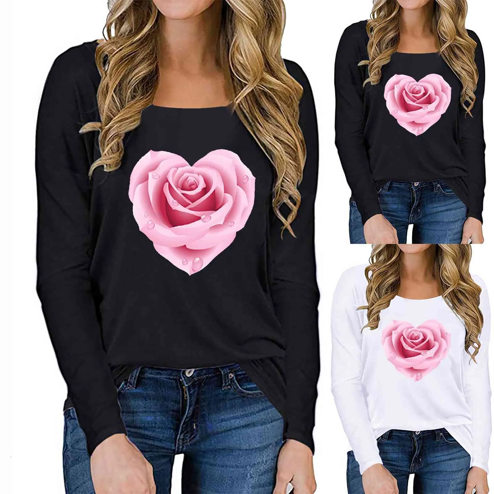 2021 Women Blouse Letter Valentine's Day Print Long Sleeve Tee Shirt Novelty Graphic Tops Chemise Femme X0521