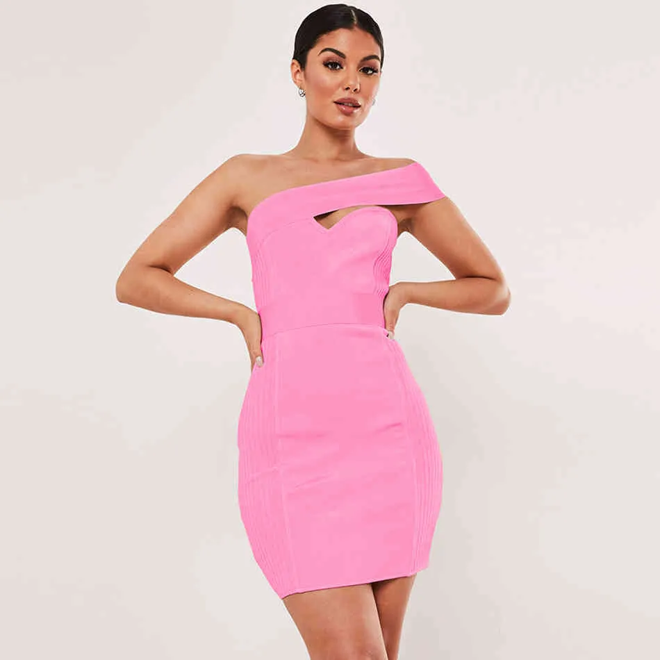 Gratis Kvinnor Sneded Shoulder Bandage Dress Sexig Ärmlös Bodycon Cutout Celebrity Club Night Party Vestidos 210524