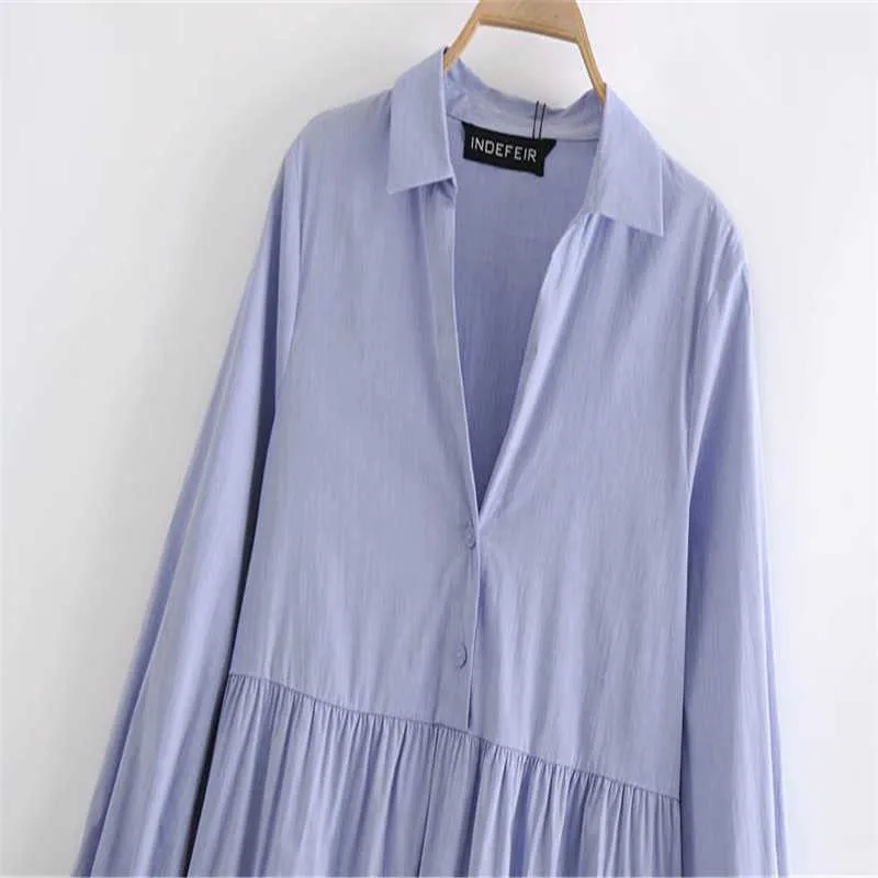 Za niebieska mini koszulka sukienka kobiety z długim rękawem flook hem plisowane sukienki żeński elegancki przedni przycisk vintage biuro vestidos 210602