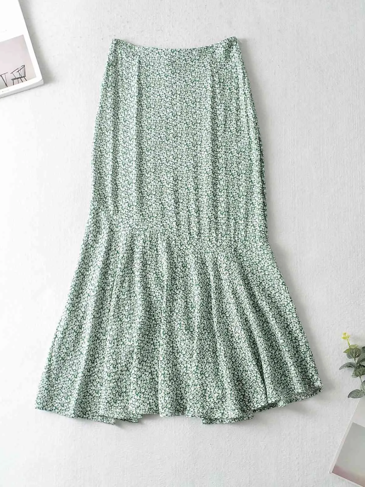 Sommar hög midja tryckta sjöjungfrun strand kjol kvinnlig ruffles vintage midi grön maxi elegant kjol kjolar för kvinnor 210514