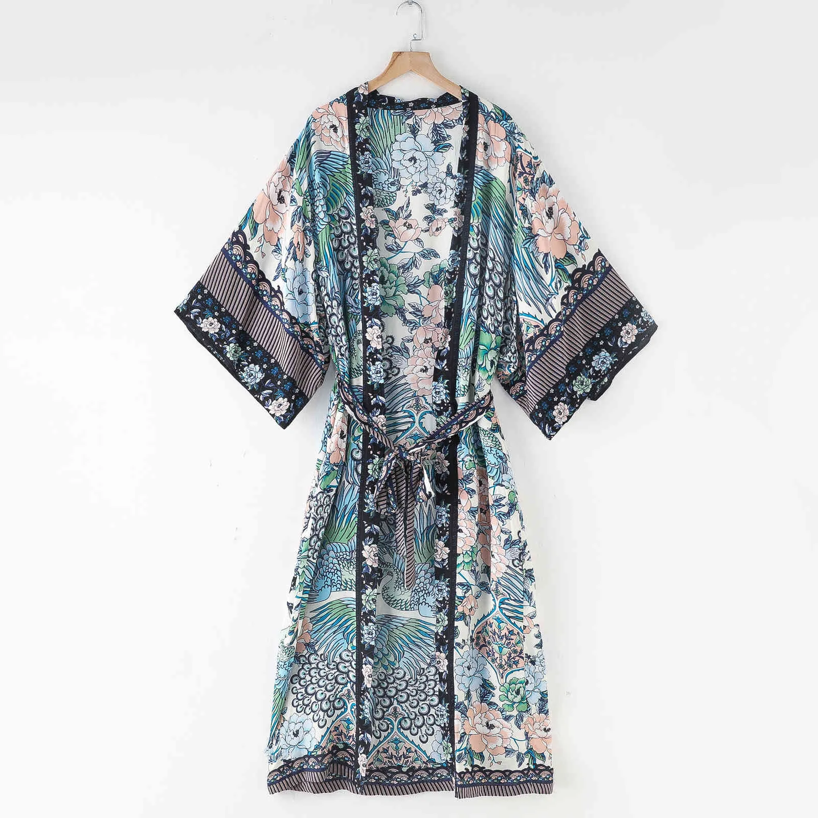 Boho Impreso Bikini Cover-ups Vintage Self Belted Long Kimono Dress Túnica de algodón Mujeres Beach Wear Traje de baño Cover Up A154 210420
