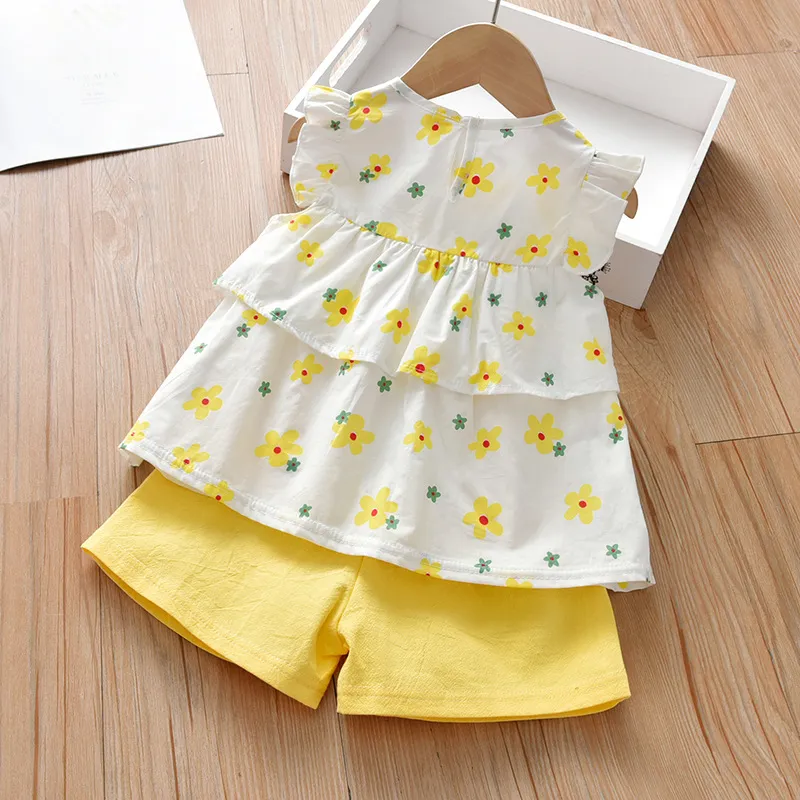 Summer Vest Girls Set Baby Clothes Bow Sleeveless Top + Shorts Sweet Children's Printed Two-piece Suit 210515
