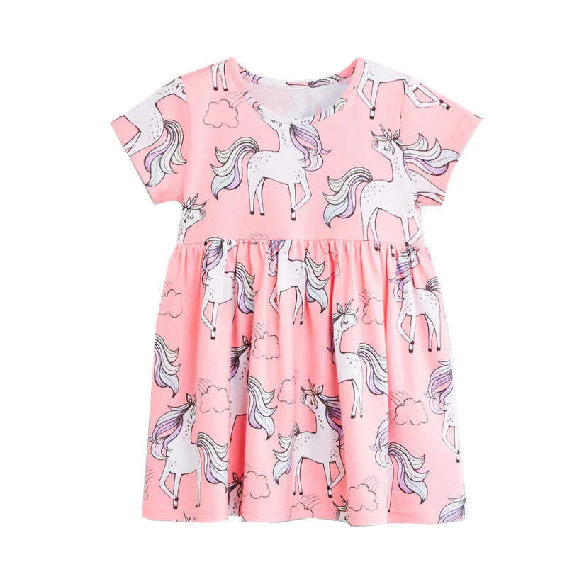 Atlama Metre Prenses Yaz Elbiseler ile Deniz Hayvanlar Kızlar Bebek Pamuk Giyim Cepler Unicorns Moda Parti Elbise 210529