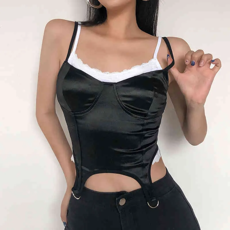 Zwart Wit Patched Kant Spaghetti Strap Gothic Crop Top Dames Zomer Backless Vrouwelijke Streetwear Mouwloze Camis Bustier 210510