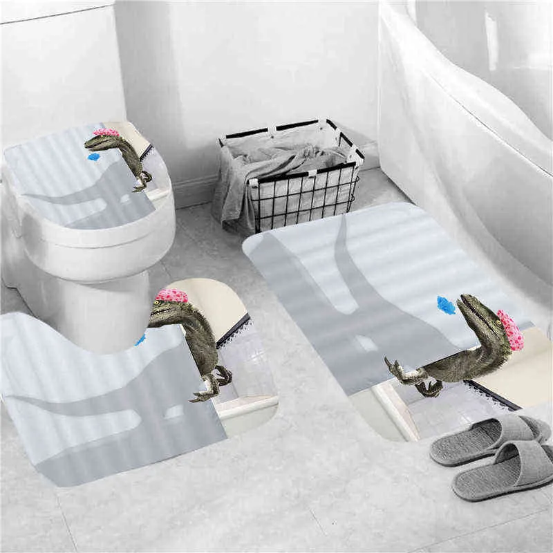 3D Dinozaur Prysznic Zasłony Wodoodporna Łazienka Zasłona Z Haczykami Anti-Slip Mat Set Soft Dywaniki WC WC Dywan Wystrój Domu 211116