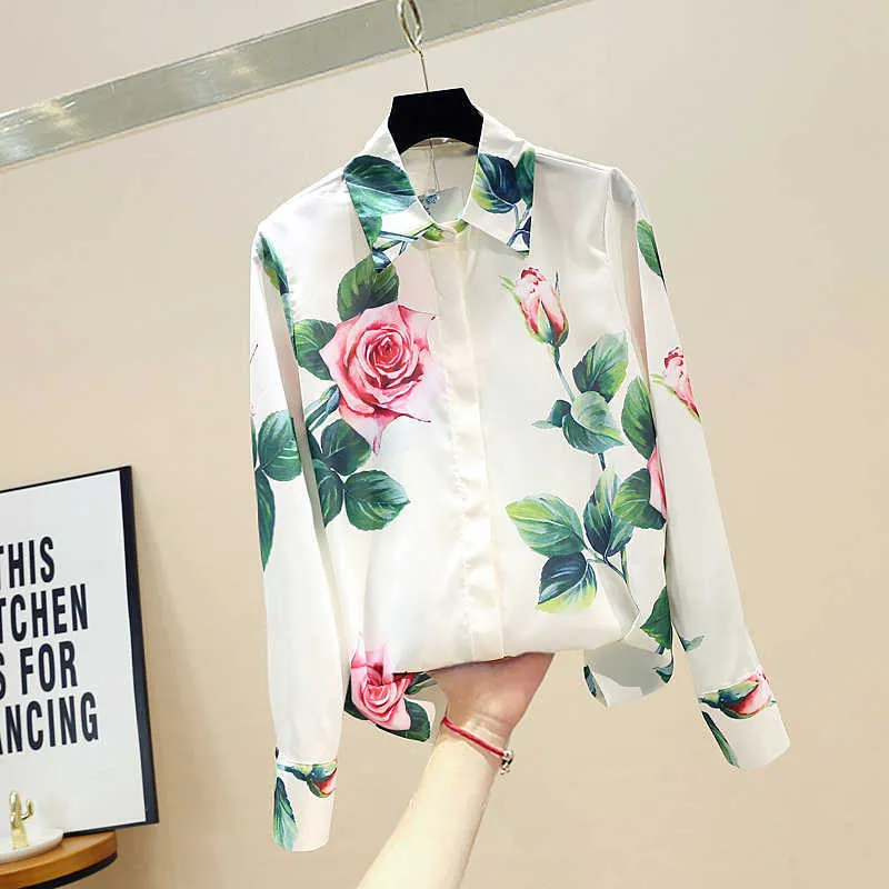Wiosna Jesień Damska koszula z długim rękawem Rose Flower Fashion All-Match Drukowane Topy Bluzka Kobiety GD587 210719