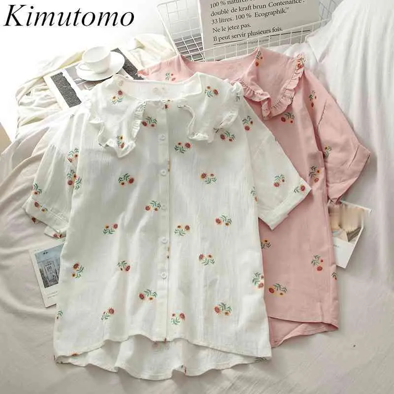 KIMUTOMO Vintage blouse Sweet Girls Peter Pan Collar Floral Borduurwerk Enkele Breasted Shirt Shirt Zomer Mode 210521